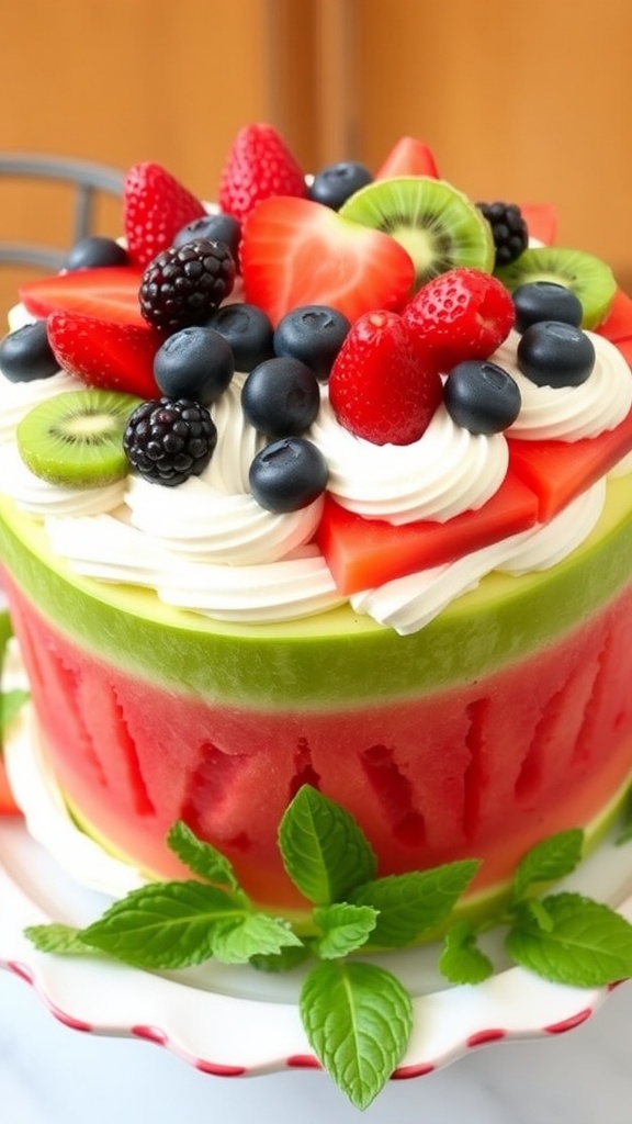 A colorful watermelon cake with whipped cream and fresh fruits, garnished with mint leaves.